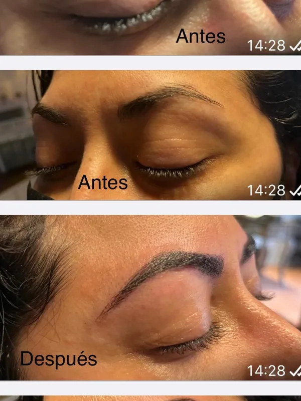 Tres fotos comparativas del antes y después de un diseño de cejas con microblading en una mujer.